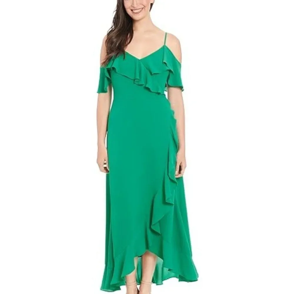 London Times dress green maxi off shoulder ruffle high low holiday party 4